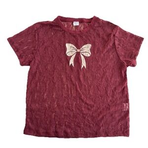 Women Top XL Junior Lace Sheer Overlay Whimsigoth Bow Graphic Y2K Romantic
